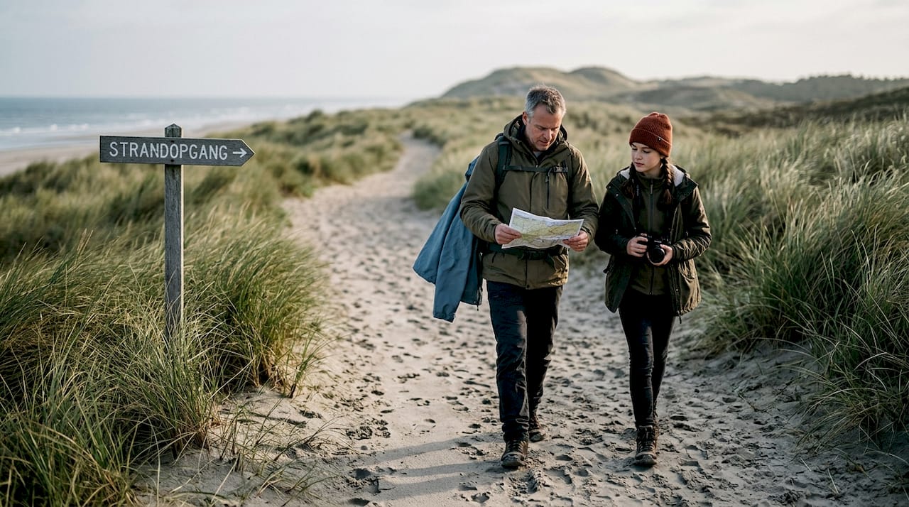 Wandelaars trekken over het zandpad door de duinen van Ameland.