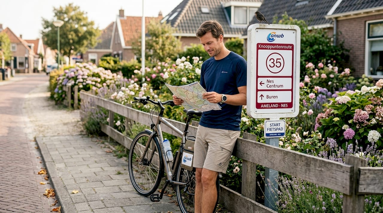 Man bekijkt routekaart bij het begin van zijn fietstocht door het dorp