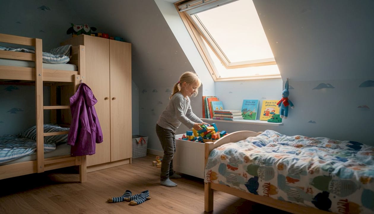 Een kind is bezig zijn speelgoed op te ruimen op de eigen slaapkamer.