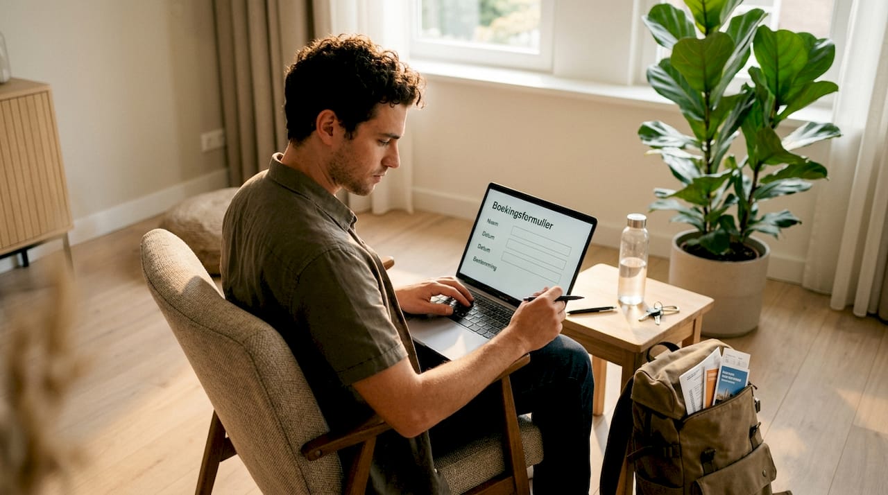 Een man is bezig met het invullen van het reserveringsformulier voor een vakantiewoning.