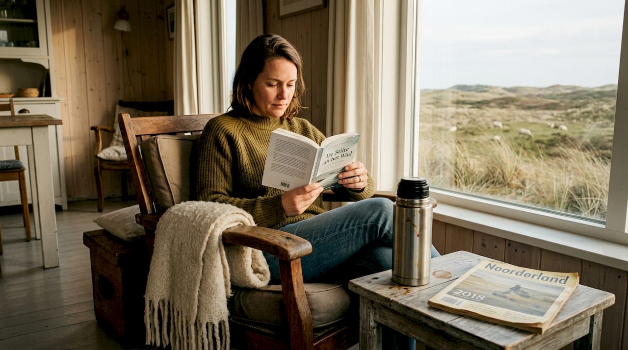 Op het terras geniet een vrouw van een goed boek, zonder dat er een scherm aan te pas komt.