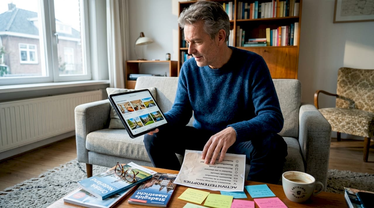 Man bladert op zijn tablet door verschillende accommodaties op de Wadden