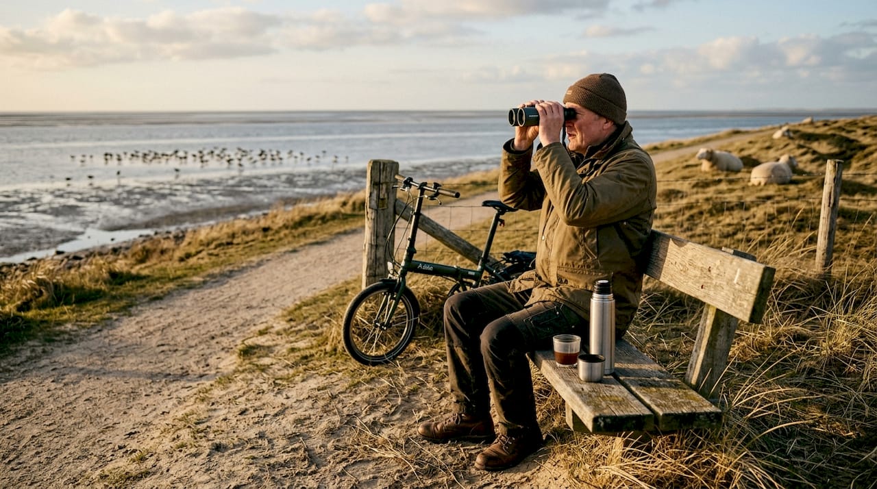 Een vogelaar tuurt met zijn verrekijker over de Waddenzee, op zoek naar bijzondere soorten.