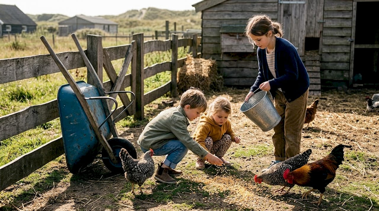 Kinderen voeren de kippen op het erf van een boerderij op Ameland.