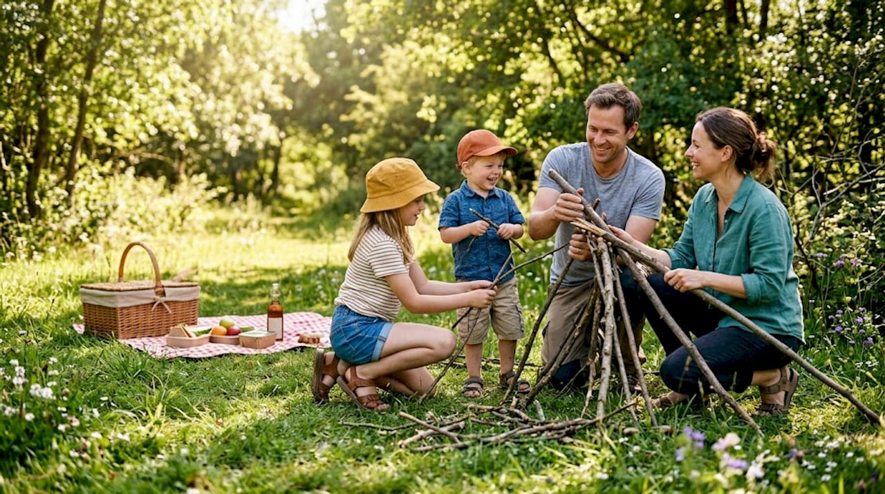 Samen met het gezin een hut bouwen midden in de natuur