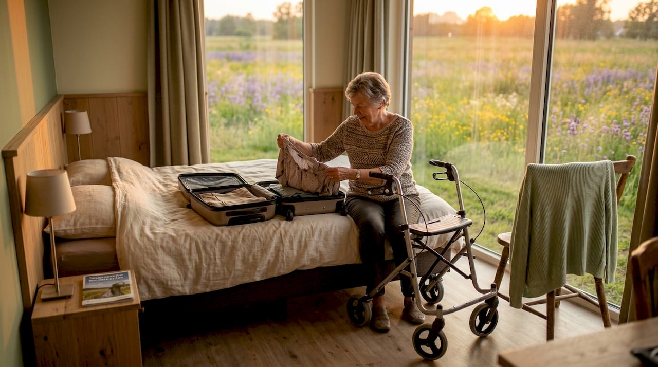 Een oudere vrouw pakt haar spullen uit in een rolstoelvriendelijke hotelkamer.