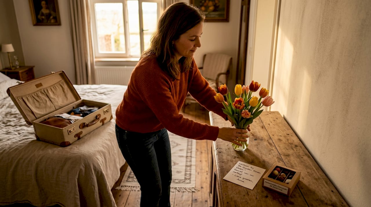 Op het dressoir in de BB-kamer staat een vaasje met verse bloemen en een persoonlijk kaartje klaar.