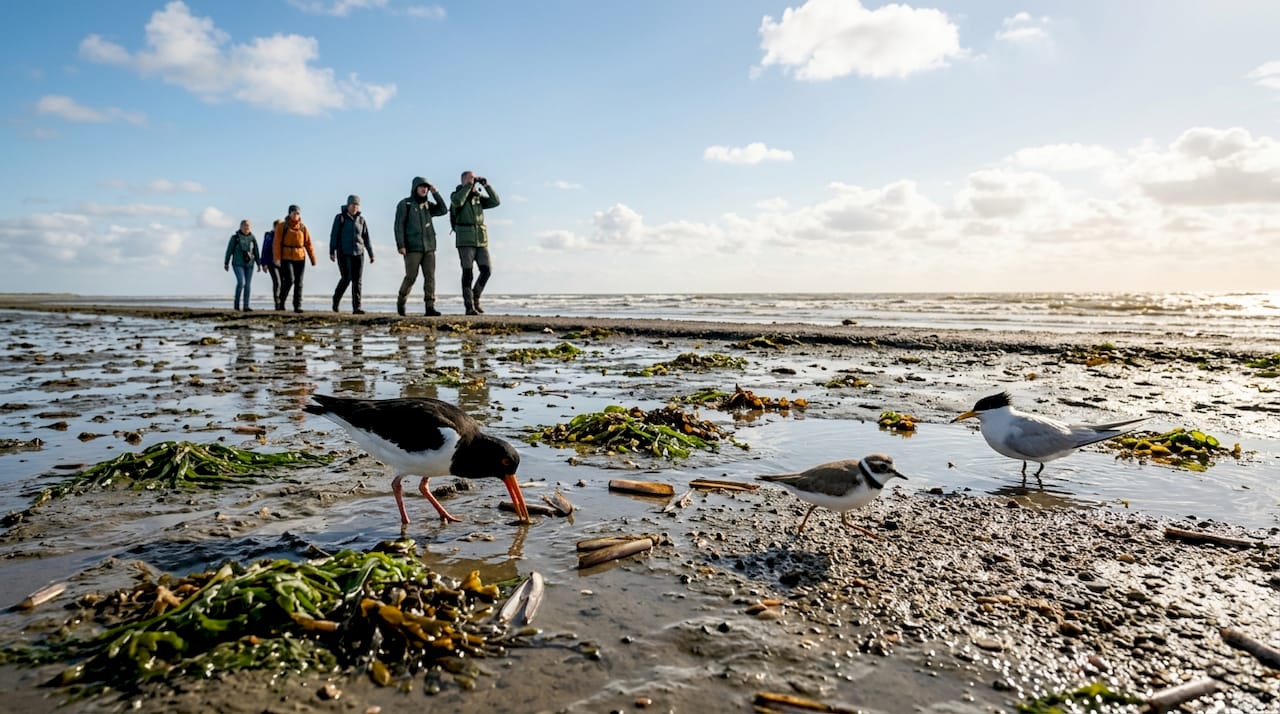 Op het wad zijn regelmatig groepen trekvogels te zien die voedsel zoeken in het slik en ondiepe water.