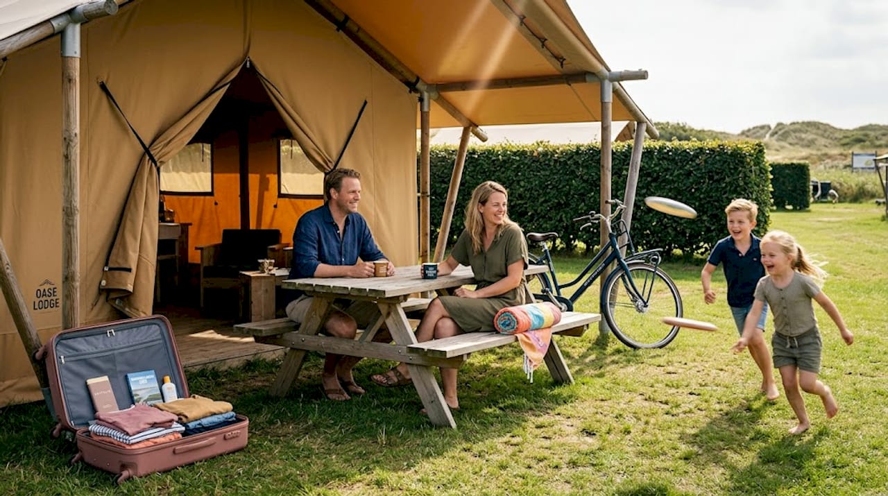 Een gezin geniet samen van het buitenleven bij hun luxe glampingtent op een sfeervolle, groene camping.