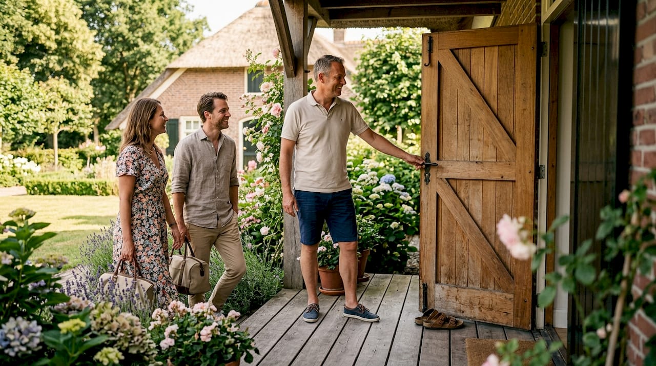 Een gastvrije boer die bezoekers welkom heet op zijn sfeervolle boerderij, waar je kunt overnachten tussen het groen en de dieren.