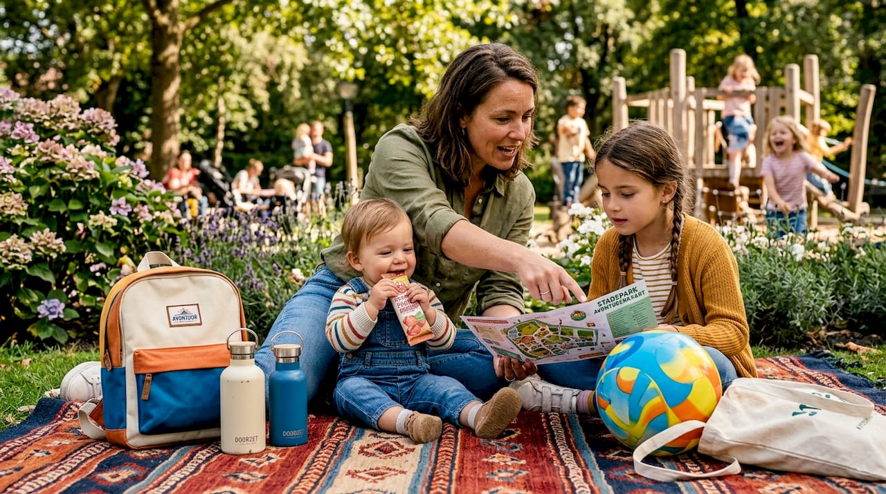 Een moeder overlegt met haar kinderen wat ze samen buiten gaan doen.