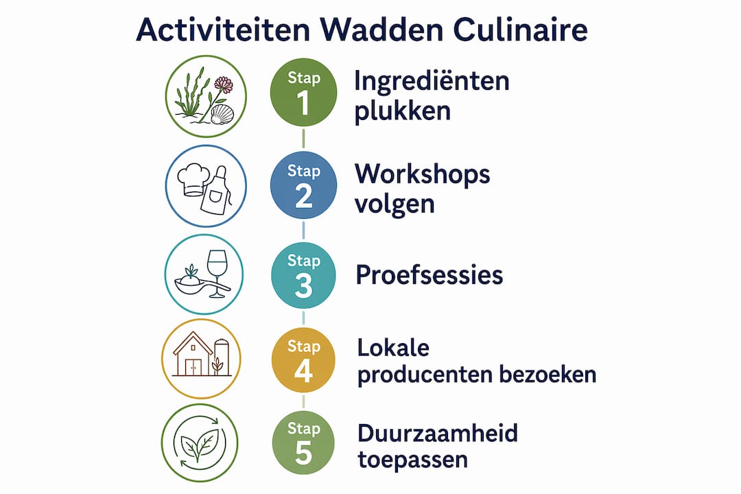 Verticale infographic met een overzicht van culinaire activiteiten op de Wadden, stap voor stap uitgelegd