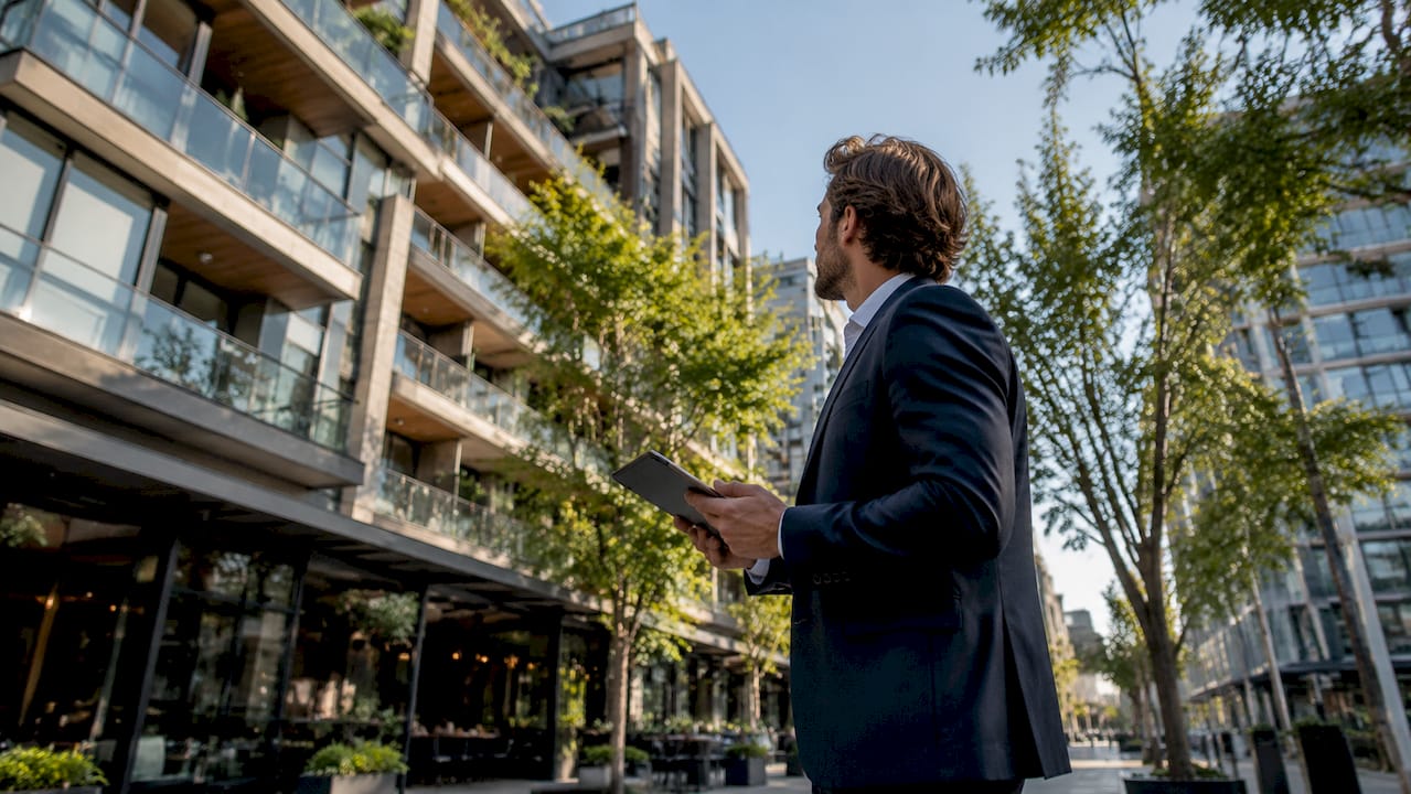 Iemand vergelijkt de prijzen van een luxe nieuwbouwloft terwijl hij buiten staat.