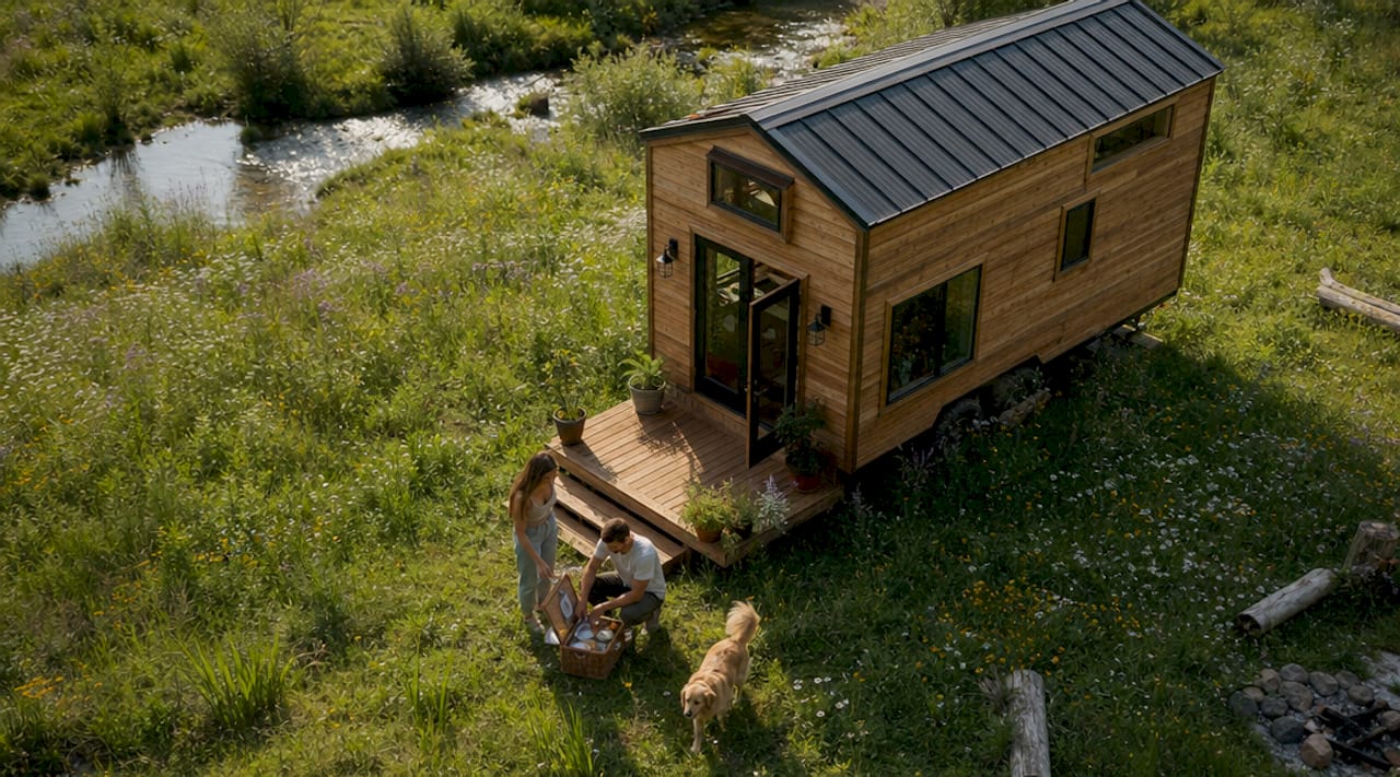 Een knus tiny house midden in het bos, waar een stel samen geniet van een picknick tussen de bomen.