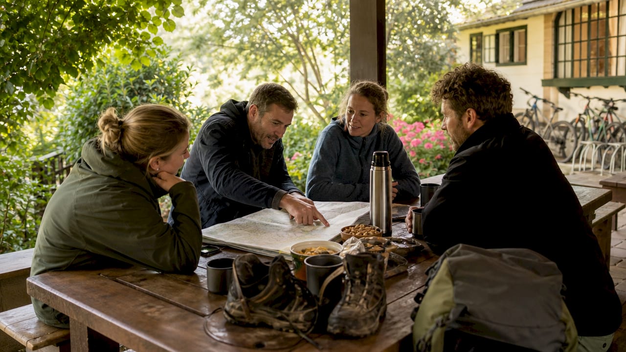 Benodigdheden voor het plannen van een natuurwandeling liggen op een houten tafel