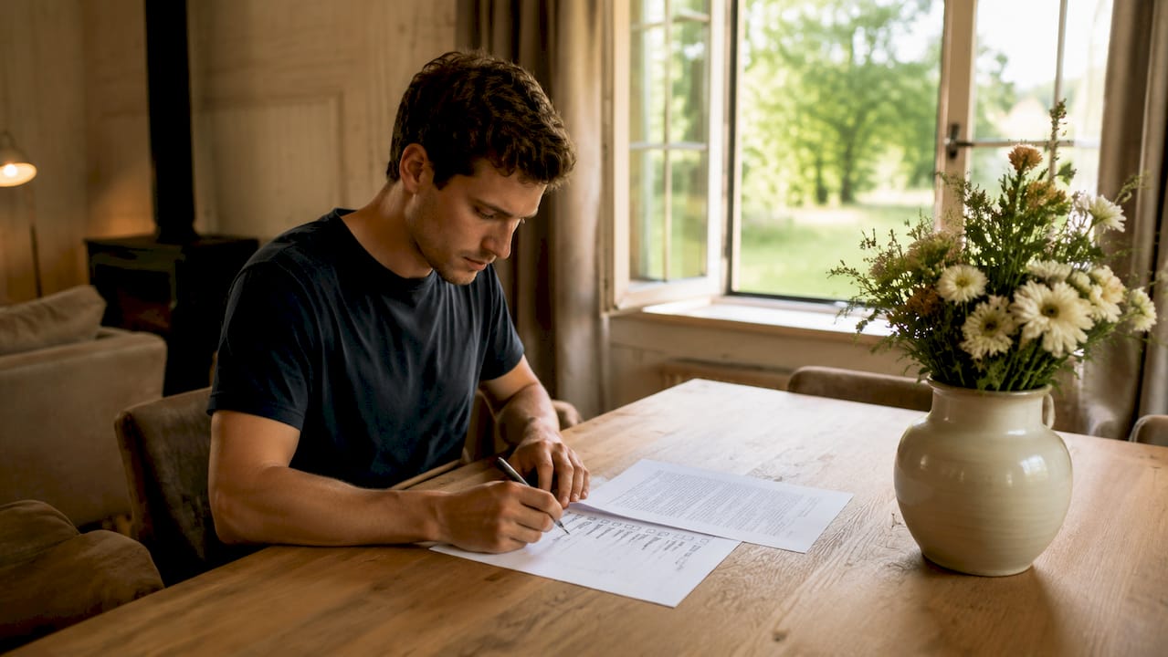 Man loopt zijn papieren na ter voorbereiding op zijn verblijf in het vakantiehuis