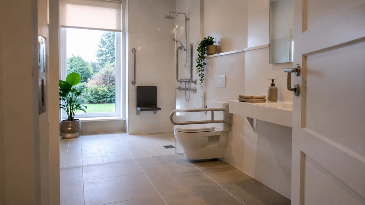 Badkamer speciaal ingericht voor senioren, compleet met steunbeugels voor extra veiligheid en comfort.