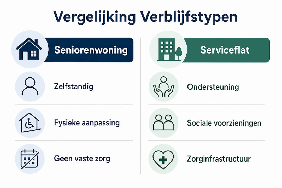 In een overzichtelijke infographic worden de verschillen en overeenkomsten tussen een seniorenwoning en een serviceflat helder in beeld gebracht.