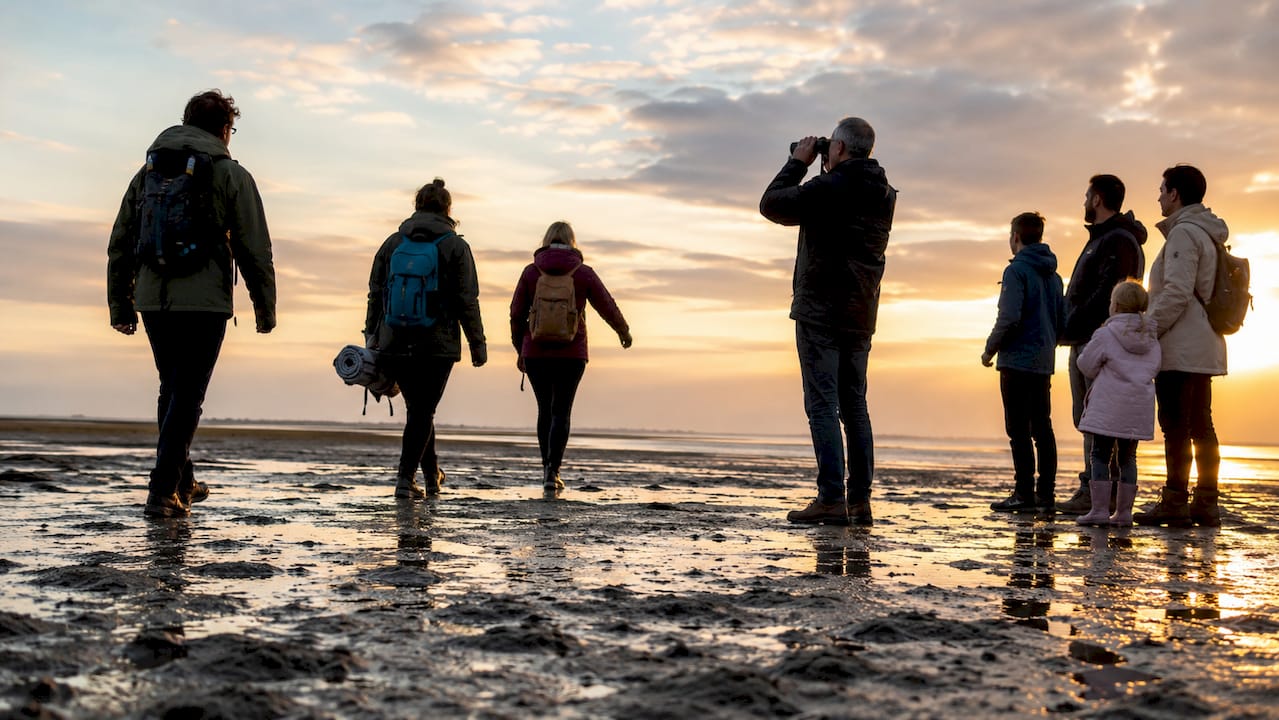 Een groep mensen maakt een wadlooptocht en verkent samen het unieke landschap van het Wad.