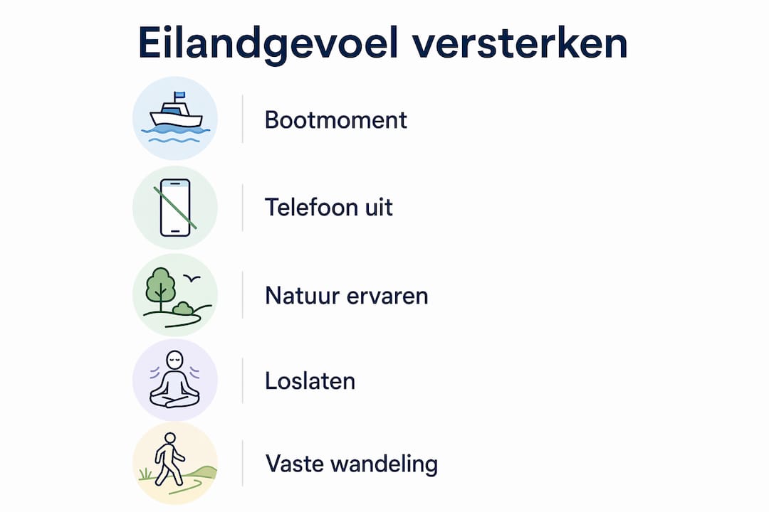 Vijf praktische tips om het echte eilandgevoel te beleven, overzichtelijk weergegeven in een infographic.