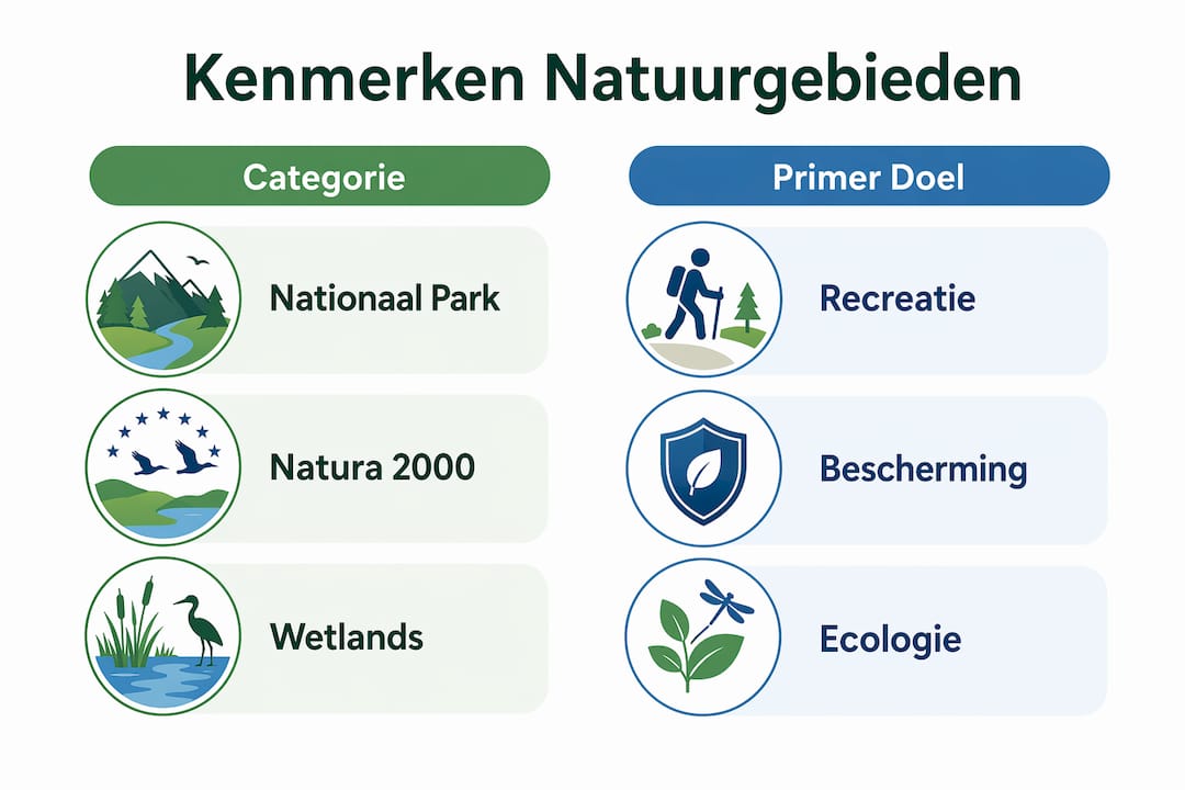 Infographic met de belangrijkste eigenschappen en doelstellingen van natuurgebieden
