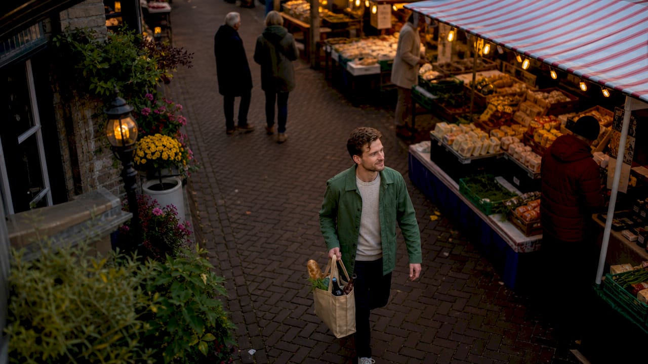 Een man slentert op zijn gemakje over de gezellige markt.
