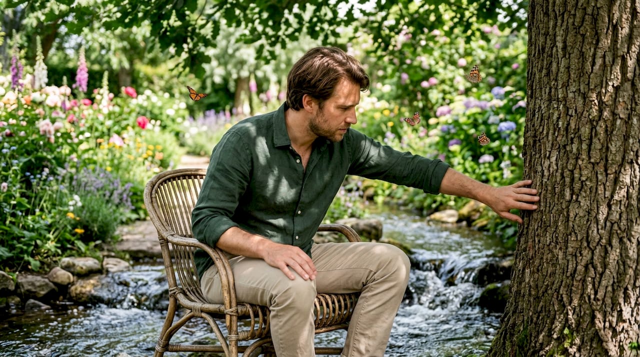 Een man strijkt met zijn hand over het zachte mos langs een beekje in het park.