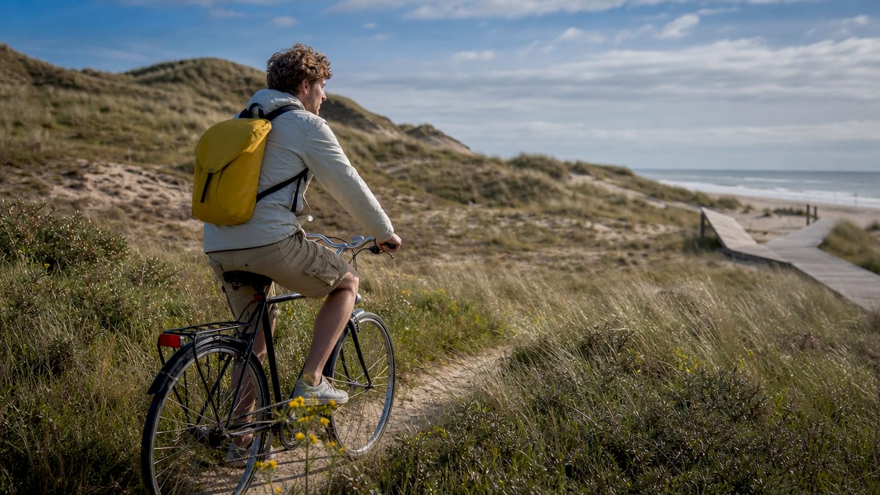 Een jonge man trapt op zijn fiets langs de duinen van de Waddeneilanden.