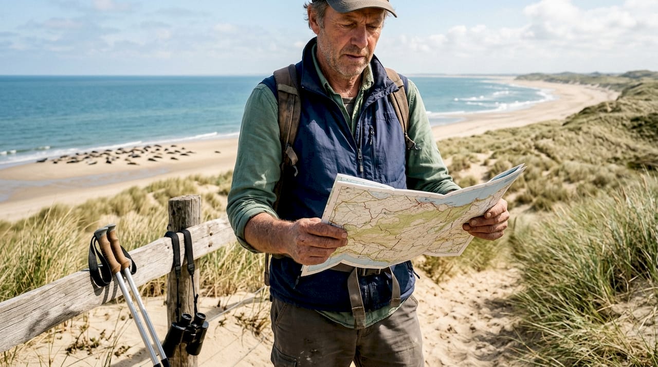 Met een wandelkaart in de hand langs de duinen struinen, op zoek naar zeehonden aan de kust.