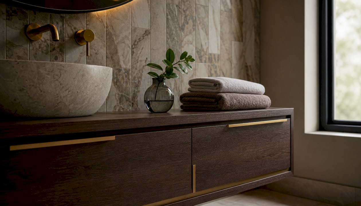 Detailopname van een stijlvolle badkamer met houten accenten en marmerlook