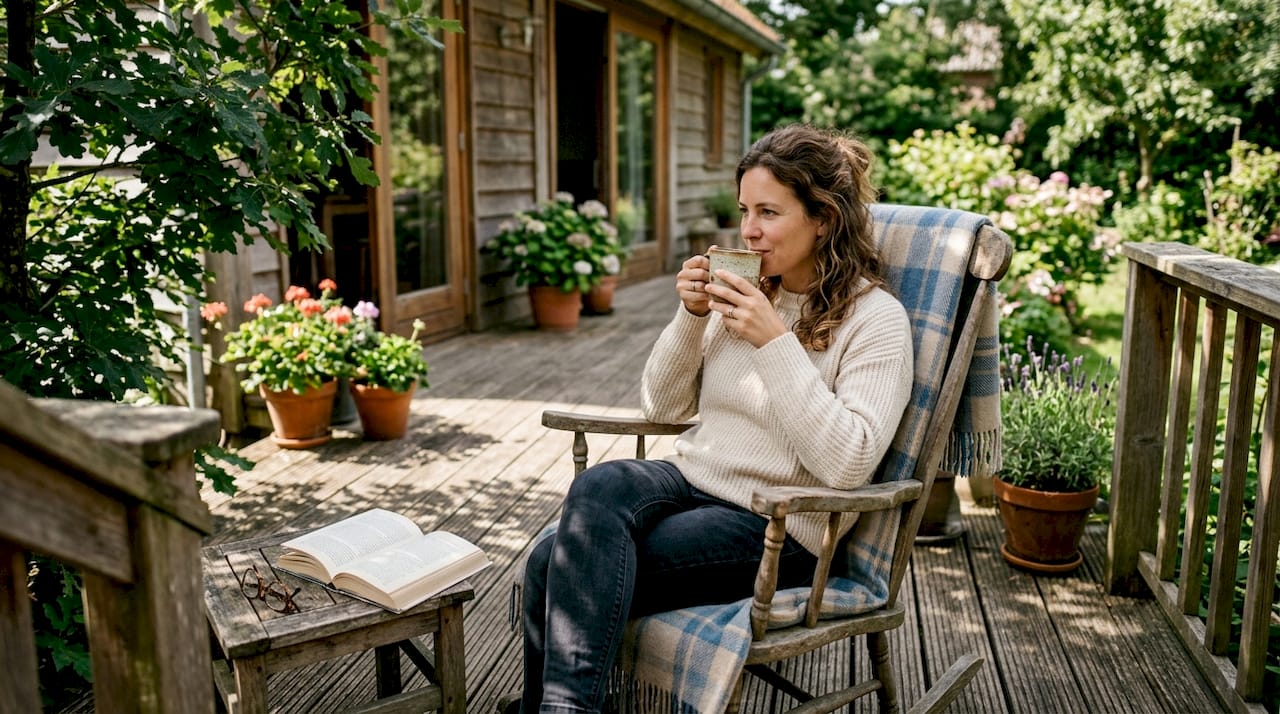 Een vrouw geniet van een kop thee op haar zonnige, besloten terras.