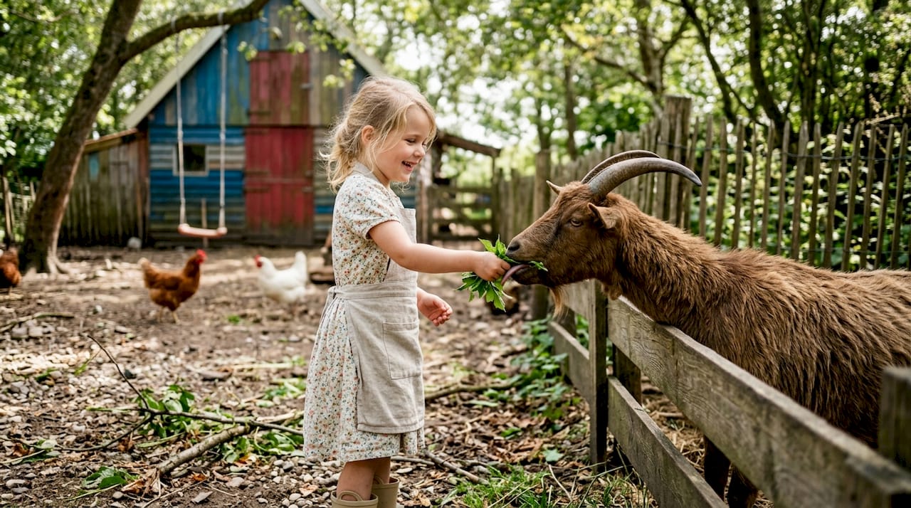 Een kind geeft een geitje eten op de kinderboerderij.