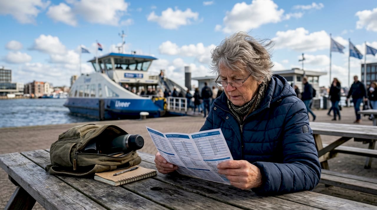 Een reiziger bekijkt het vaarschema bij de veerterminal.