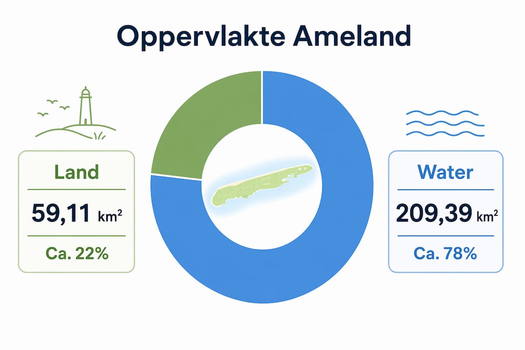 Infographic over de verhouding tussen land en water op Ameland