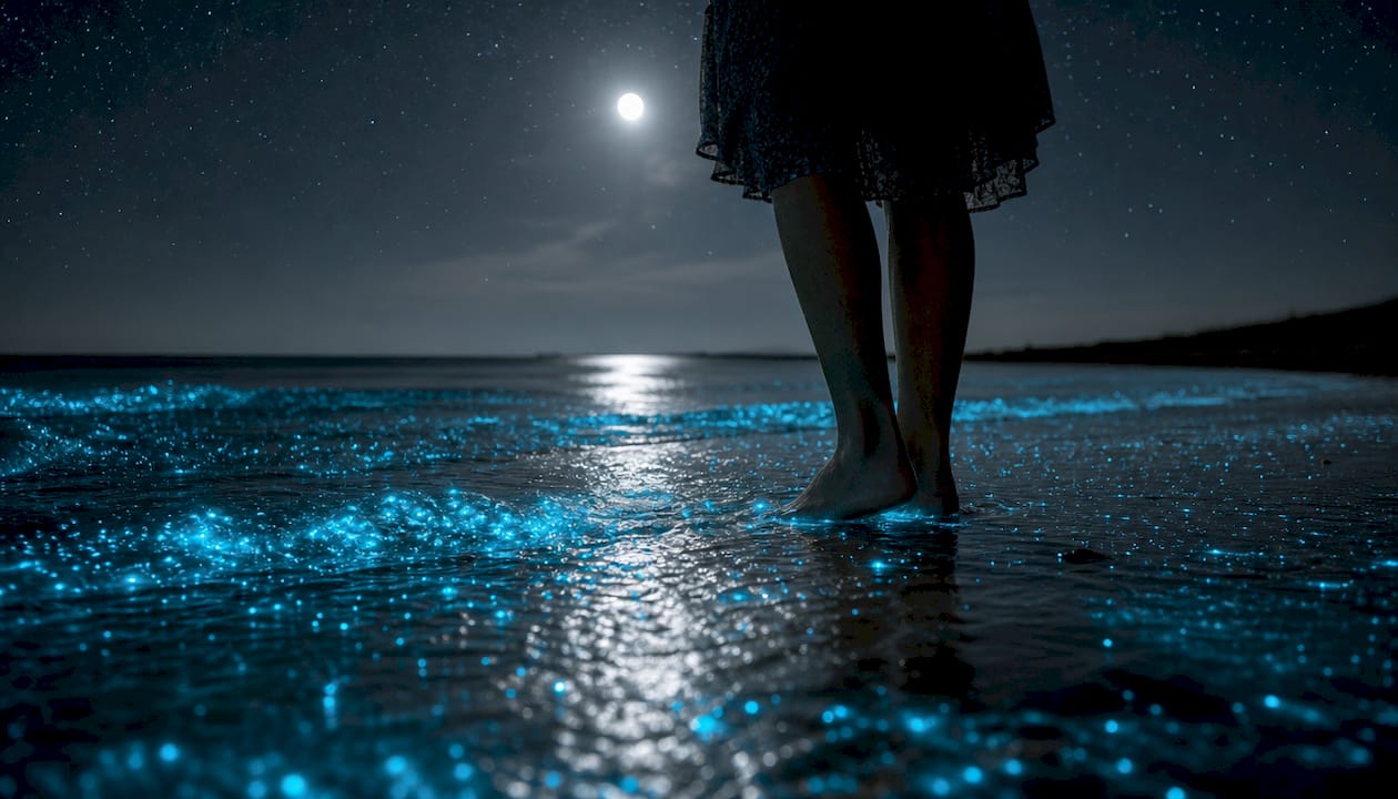 Een close-up van voeten die omringd zijn door lichtgevend water vol bioluminescente gloed.