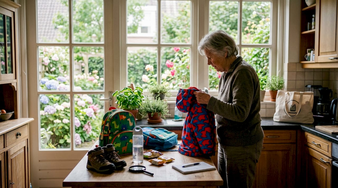 Een ouder legt kinderkleding en spullen klaar voor een wandeling.