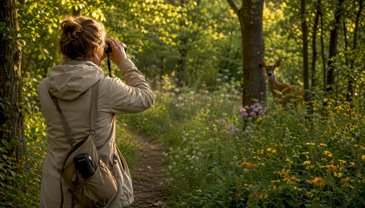 Een vrouw spot een ree tijdens een wandeling door de duinen van natuurgebied ’t Oerd.