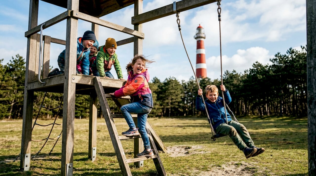 Vlakbij de vuurtoren Bornrif rennen kinderen vrolijk door het bos en spelen ze tussen de bomen.