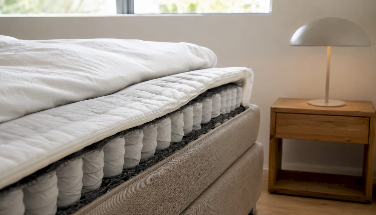 Close-up van het boxspringbed met verensysteem in het vakantiehuis