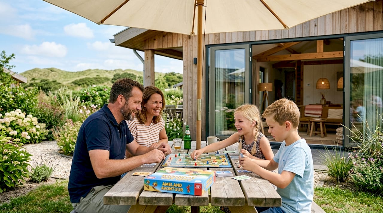 Een gezin geniet samen van een bordspel in de knusse woonkamer van hun lodge.
