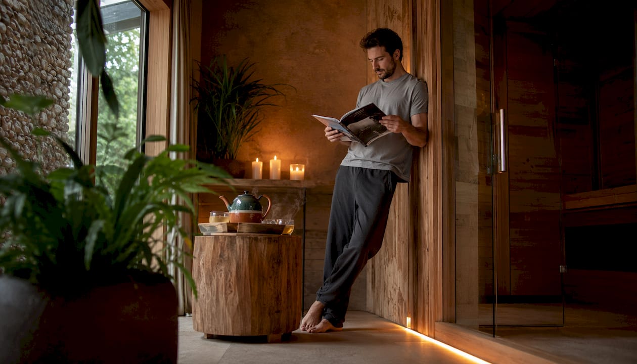 Een man bekijkt aandachtig het stijlvolle interieur van een luxe bungalow.