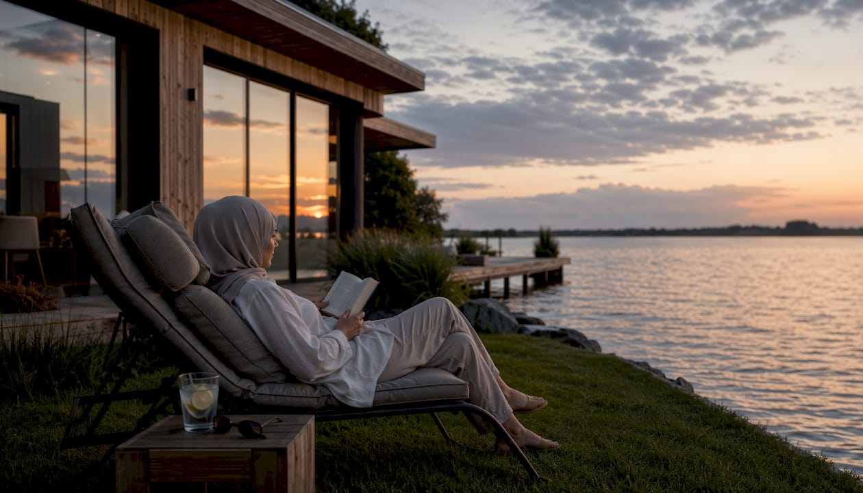 Een vrouw geniet van het uitzicht terwijl ze ontspant op de steiger van haar villa aan het meer.
