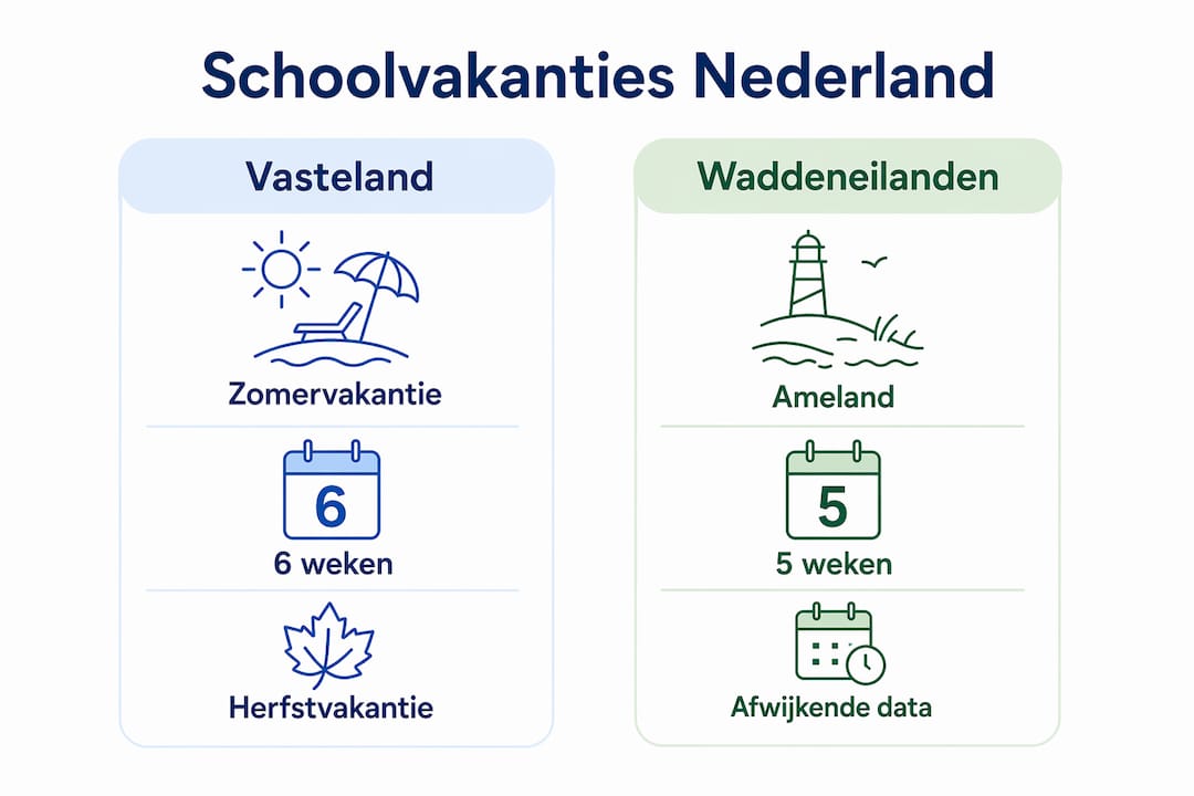 Infographic: schoolvakanties op het vasteland versus de Waddeneilanden – een overzicht