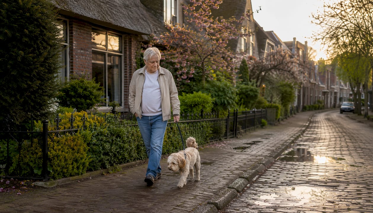 Rustige dorpsstraat op Ameland waar een local zijn hond uitlaat.
