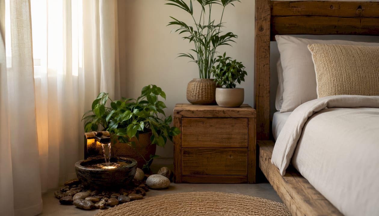 Een sfeervol hoekje in de slaapkamer waarin water en planten samen zorgen voor een ontspannen Feng Shui sfeer.