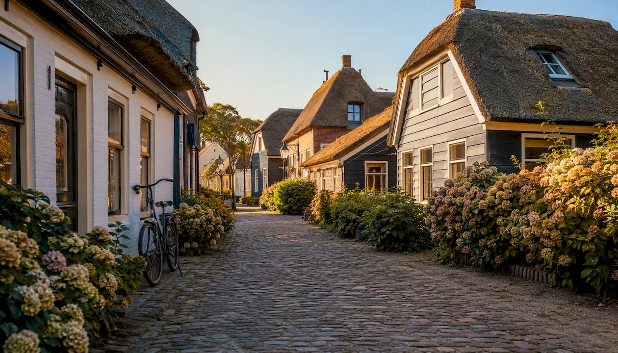 Gezellig straatje met vakantiehuisjes op een Waddeneiland