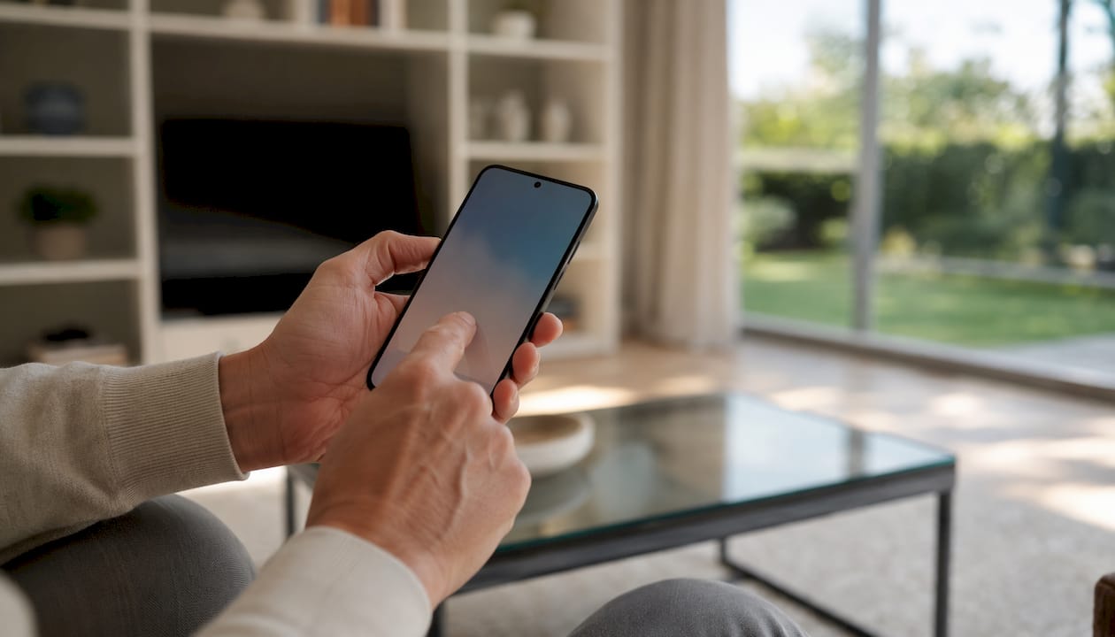 Iemand zit in een café op z’n telefoon te bladeren door vakantieaanbiedingen