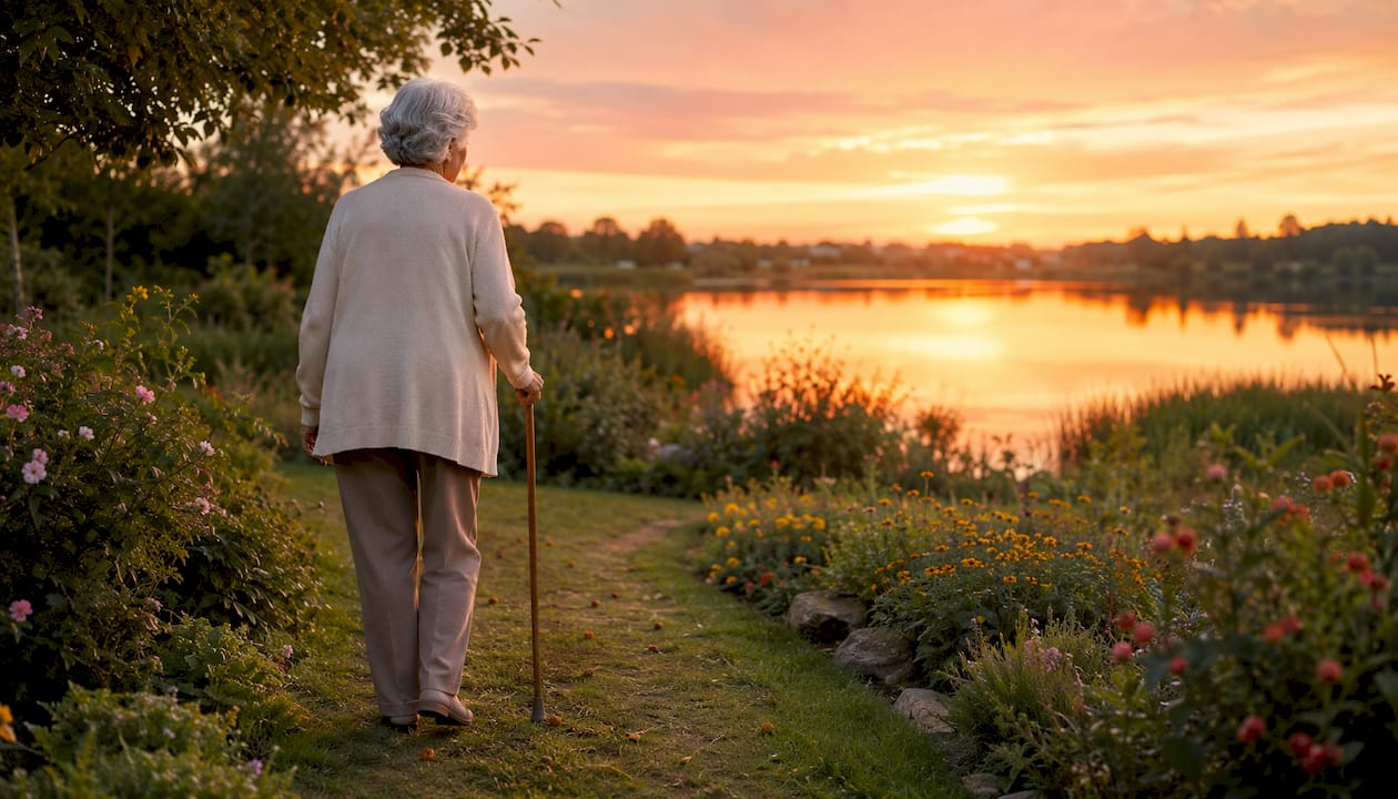 Een vrouw slentert op haar gemak over een stil strandpad.