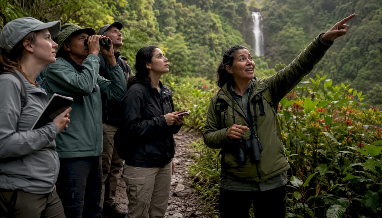 Een gids neemt toeristen mee op ontdekkingstocht door een nationaal park in Costa Rica.