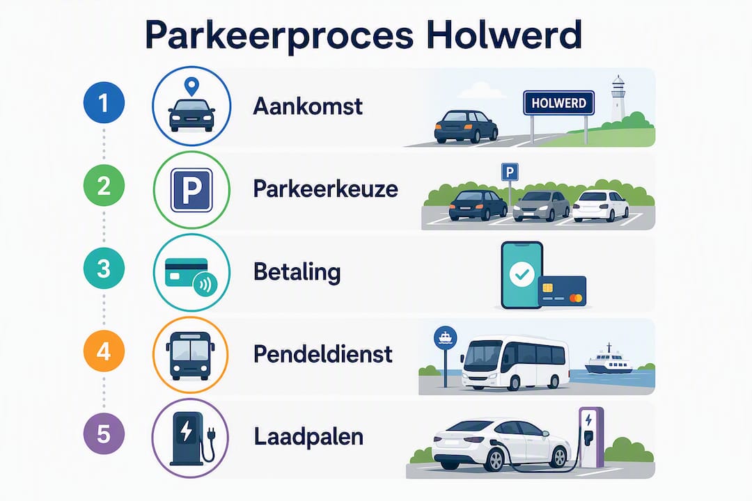 Overzichtelijke infographic: zo parkeer je bij de terminal in Holwerd stap voor stap
